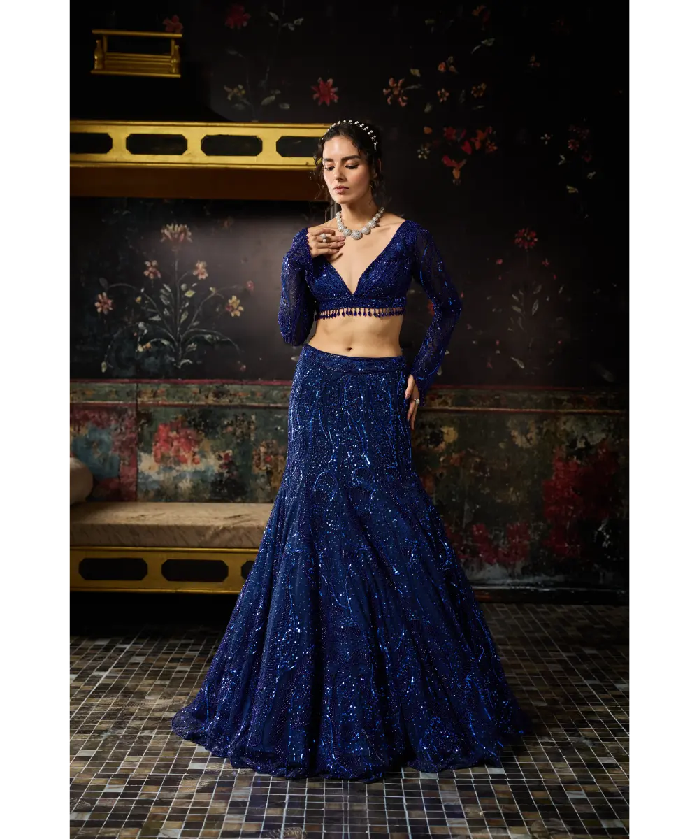 DIYARAJVVIR - ELECTRIC BLUE EMBELLISHED MERMAID SKIRT SET